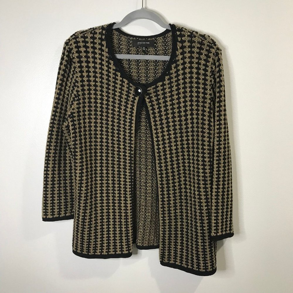 Jones New York Metallic Knit Cardigan Sweater Size PM Petite Medium Gold Black